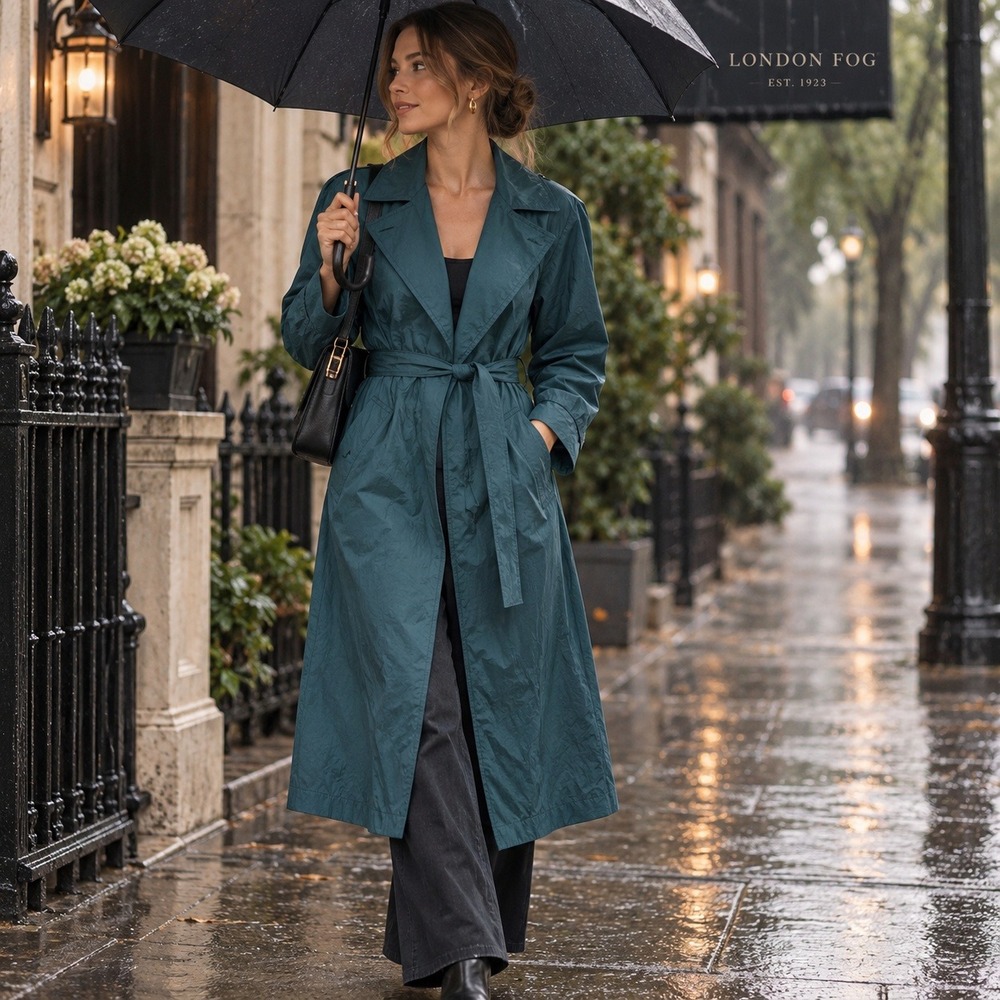London Fog Vintage Trench Coat Womens Size L Teal Green Belted Raincoat Y2K USA